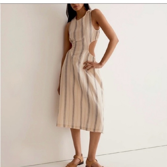 Madewell Dresses & Skirts - Madewell Cream Midi Dress with Navy Stripes and Side Cutouts